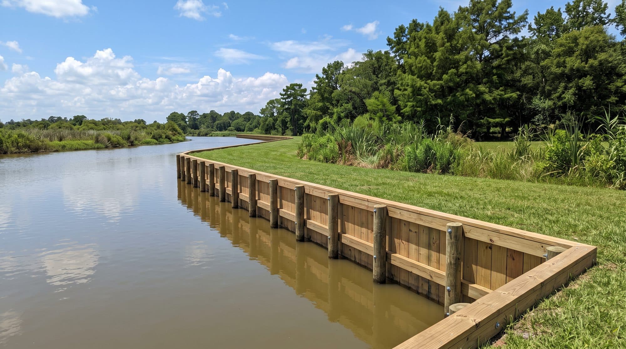 Timber bulkhead wall holding the bank along a bayou in South Louisiana